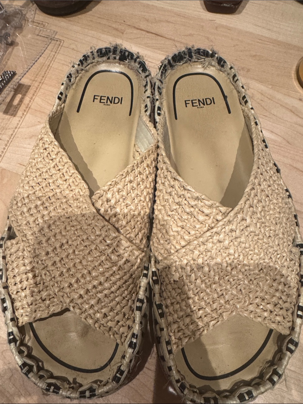 Fendi Beige Woven Slide Mules 38